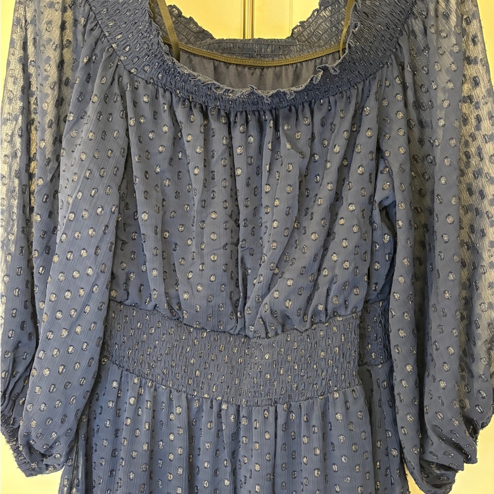 LAST CALL! PremierAmour Blue Tiered Midi Sequin Party Dress with Bishop Sleeves - Picture 7 of 8